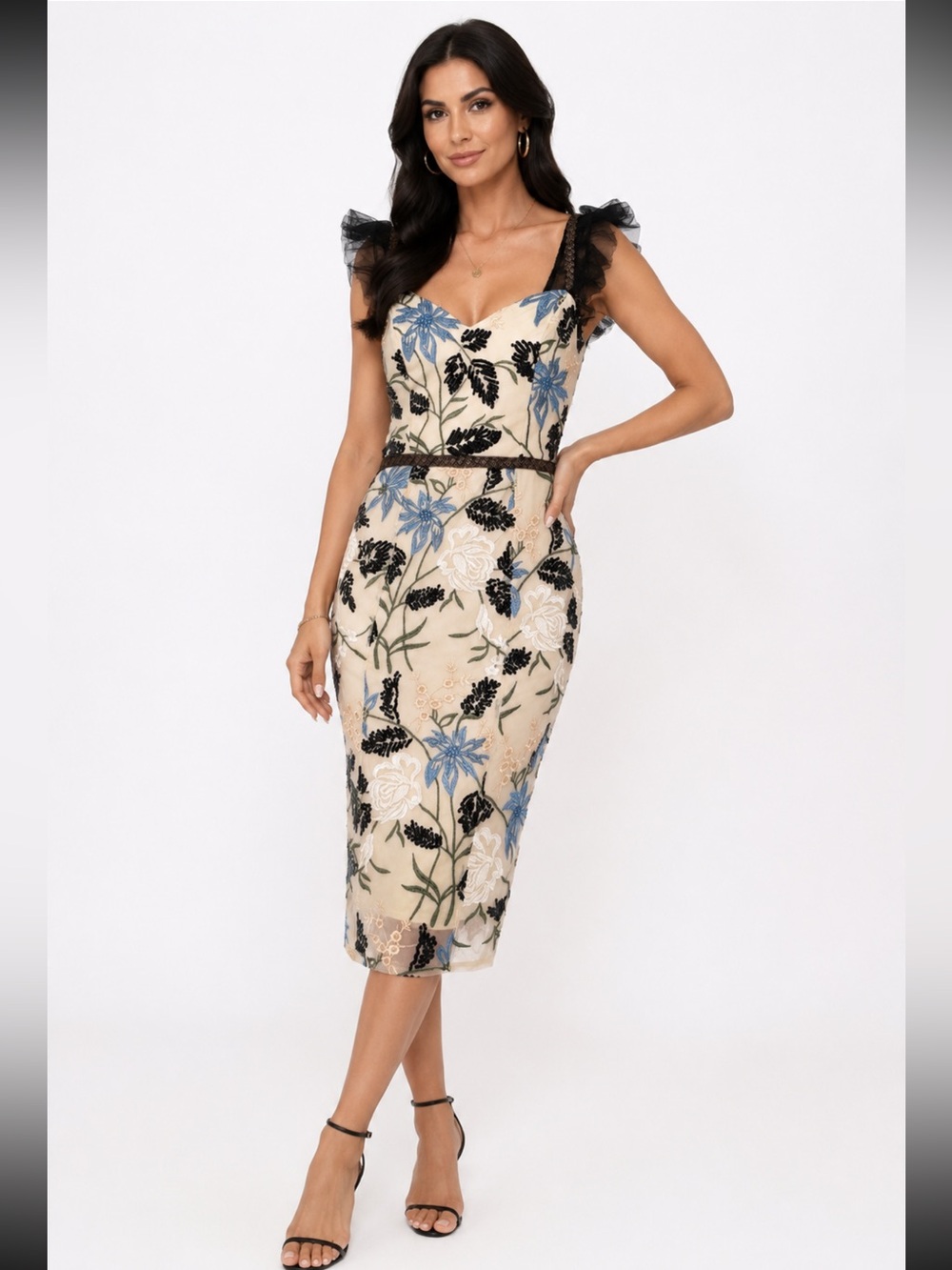 Floral Embroidered Sweetheart Midi Dress in Cream and Blue